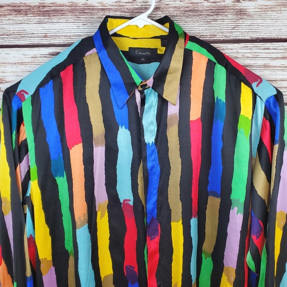 Genelli Men's XXL Vintage 90s 100% Silk Multi-Colored Button Down Shirt - Picture 2 of 11